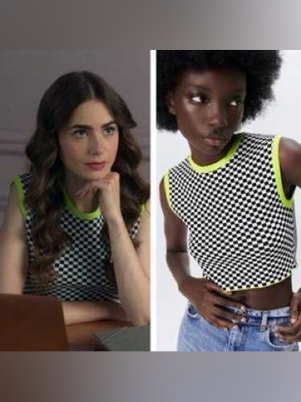 Zara Black-and-White Checker Crop Tank with Neon Yellow Trim